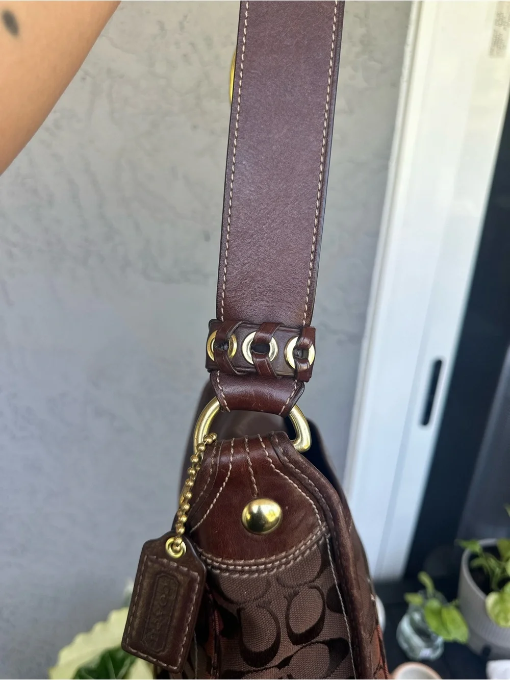 Coach Brown and Tan Signature Messenger Bag with Brass Buckle